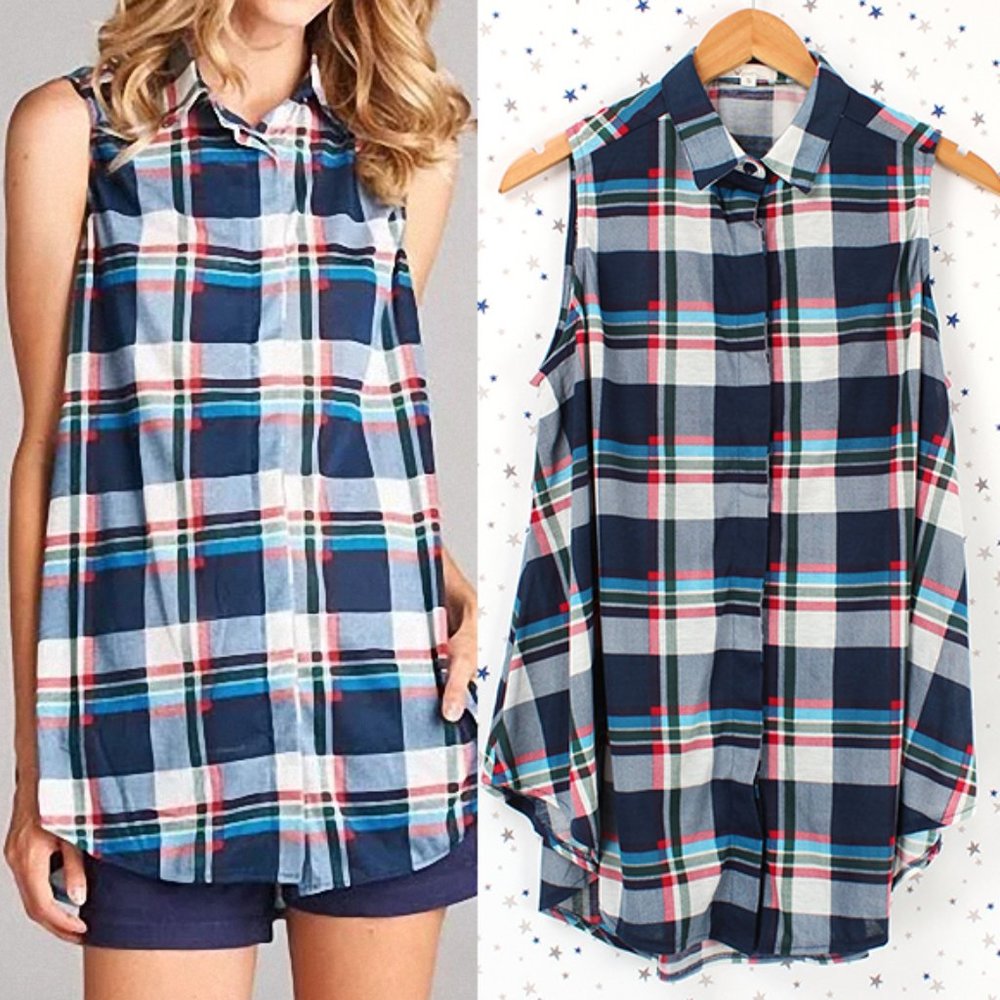 Sleeveless Button Up Plaid Shirt Navy Blue